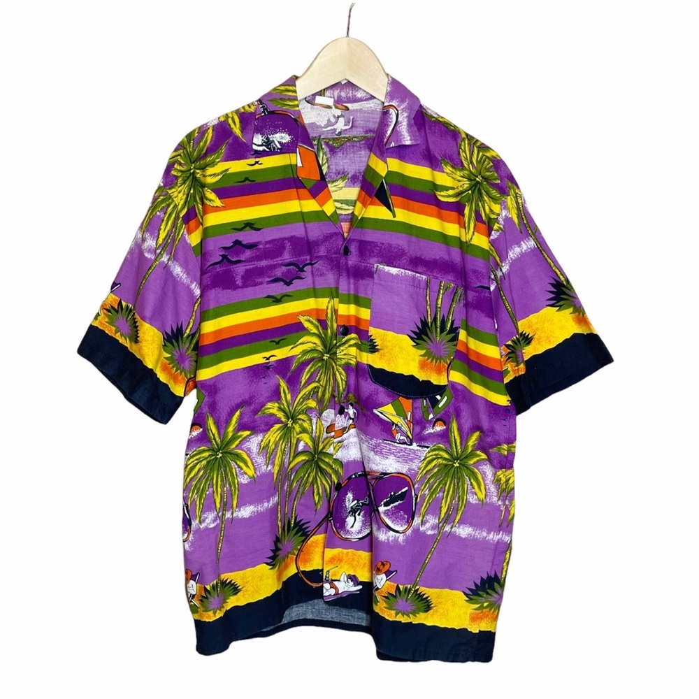 Vintage 70s Mikachi Retro Hawaiian Print Button Up Shirt Size Large
